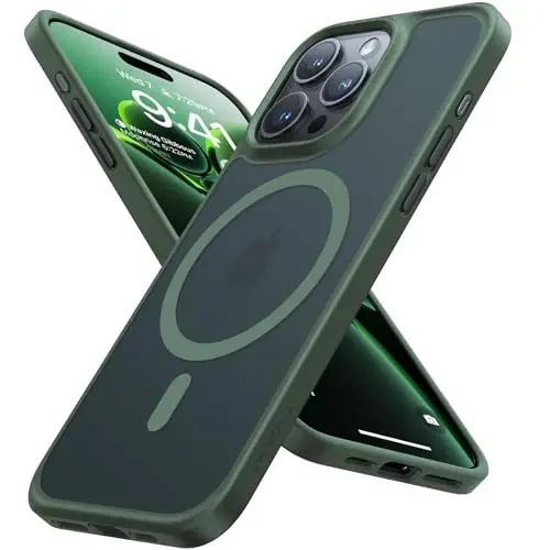TORRAS iPhone 15 Pro uchun magnit zarbga chidamli g'ilof, [Harbiy darajadagi tushish sinovidan o'tgan] [MagSafe bilan mos] Yarim shaffof qattiq kompyuter orqa tomoni silikon yupqa himoya qopqog'i barmoq izlariga qarshi, yashil - TORRAS