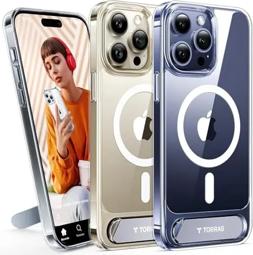 TORRAS iPhone 15 Pro uchun yangilangan magnitli & stendli g‘ilof [Harbiy darajadagi tushish sinovidan o‘tgan] [MagSafe bilan mos] Yupqa yengil muzli g‘ilof iPhone 15 Pro telefon g‘ilofi Professional (6.1
