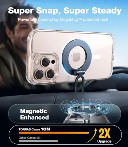 TORRAS iPhone 16 Pro Case Diamond Clear uchun | MagSafe bilan mos, harbiy darajadagi tushishdan himoya, kuchliroq magnit, zarbga chidamli xavfsizlik yostig'i, rangli tugma, yupqa sarg'ayishga qarshi tirnalishga qarshi shaffof - 2