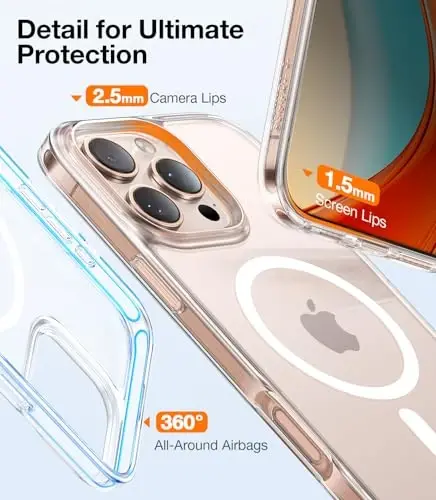 TORRAS iPhone 16 Pro Case Diamond Clear uchun | MagSafe bilan mos, harbiy darajadagi tushishdan himoya, kuchliroq magnit, zarbga chidamli xavfsizlik yostig'i, rangli tugma, yupqa sarg'ayishga qarshi tirnalishga qarshi shaffof - 4