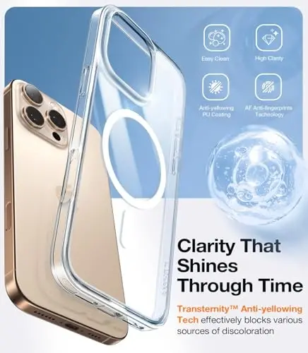 TORRAS iPhone 16 Pro Case Diamond Clear uchun | MagSafe bilan mos, harbiy darajadagi tushishdan himoya, kuchliroq magnit, zarbga chidamli xavfsizlik yostig'i, rangli tugma, yupqa sarg'ayishga qarshi tirnalishga qarshi shaffof - 5