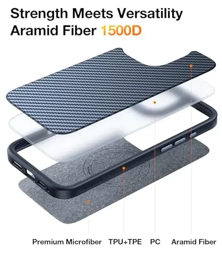 TORRAS Upgraded for iPhone 16 Pro Case Aramid Fiber Back/Black Edge | Compatible with MagSafe, Military Grade Drop Protection, Stronger Magnetic, Shockproof Airbag, Color Button, Slim Anti-Scratch - 3