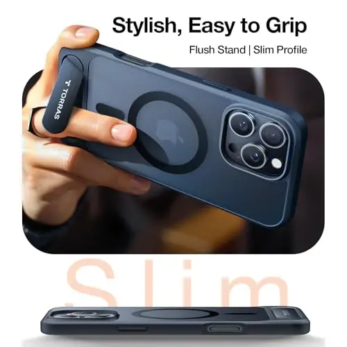 TORRAS iPhone 16 Pro Max Kılıfı Yarı Saydam Siyah | Güçlü Manyetik ve Kusursuz Stand, MagSafe Uyumlu, Askeri Sınıf Düşme Koruması, Sağlam Ayarlanabilir Dahili Destek Çubuğu, İnce Mat Yüzey - 3