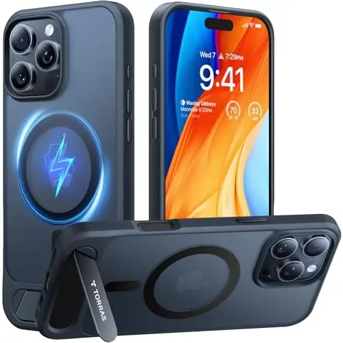TORRAS iPhone 16 Pro Max uchun g'ilof Yarim shaffof qora | Kuchli magnit va choksiz stend, MagSafe uchun mos, harbiy darajadagi zarbadan himoya, mustahkam sozlanishi o'rnatilgan tirgak, yupqa mat qoplama - 1