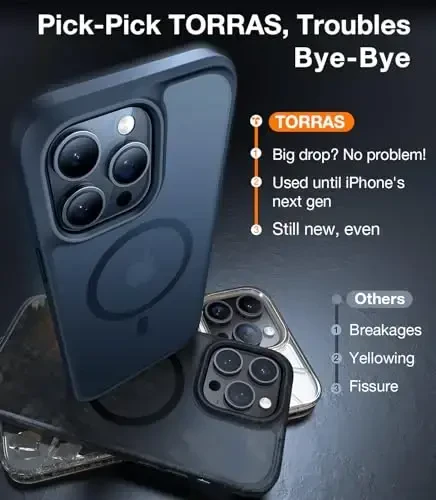 TORRAS iPhone 16 Pro Max uchun magnit zarbga chidamli g'ilof, [MagSafe uchun mos] [Harbiy standart bo'yicha yiqilishga sinovdan o'tgan] Yarim shaffof ingichka himoya iPhone 16 Pro Max uchun barmoq izlariga va tirnalishga qarshi g'ilof, qora - 4