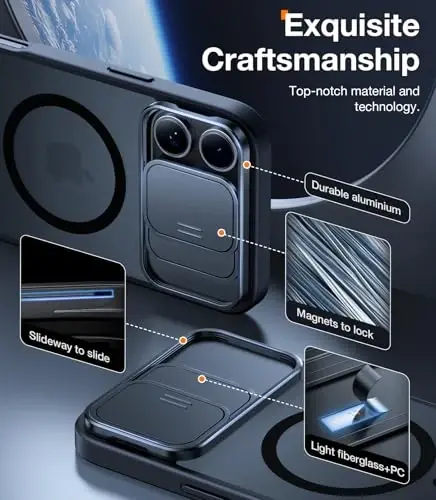 TORRAS iPhone 16 Pro Max uchun slaydli kamera qopqog'i va aylanadigan tirgakli g'ilof, magnit zarba o'tkazmaydigan, harbiy darajadagi tushishdan himoya, MagSafe uchun mos, chizilishga qarshi, barmoq izlariga qarshi, shaffof qora - 3