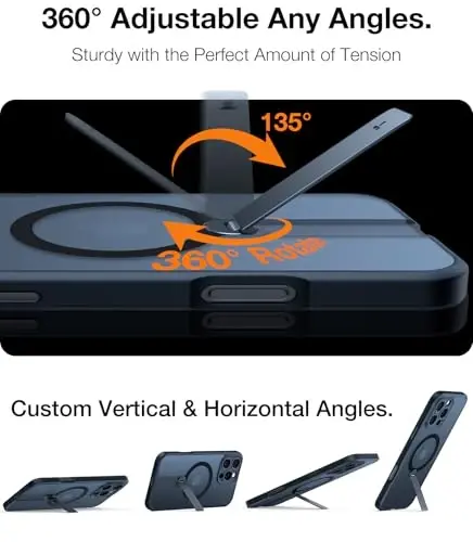TORRAS iPhone 16 Pro Max uchun yangilangan 360° aylanuvchi stendli magnitli gʻilof, toʻliq kamera himoyasi, MagSafe mos, iPhone 16 Pro Max uchun 16FT harbiy darajadagi tushishdan himoya (6.9