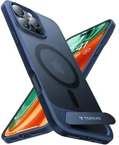 TORRAS iPhone 16 Pro uchun kuchli magnitli va choksiz stend g'ilofi, [18N kuchli magnit] [12FT harbiy darajadagi tushish sinovidan o'tgan] [MagSafe uchun mos] iPhone 16 Pro 6.3