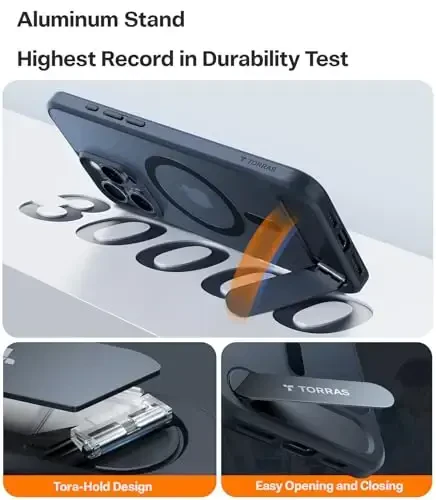 TORRAS iPhone 16 Pro uchun kuchli magnitli va choksiz stend g'ilofi, [18N kuchli magnit] [12FT harbiy darajadagi tushish sinovidan o'tgan] [MagSafe uchun mos] iPhone 16 Pro 6.3