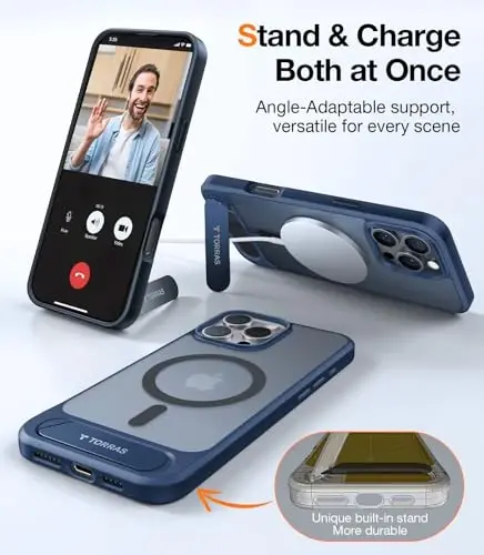 TORRAS iPhone 16 Pro uchun kuchli magnitli va choksiz stend g'ilofi, [18N kuchli magnit] [12FT harbiy darajadagi tushish sinovidan o'tgan] [MagSafe uchun mos] iPhone 16 Pro 6.3