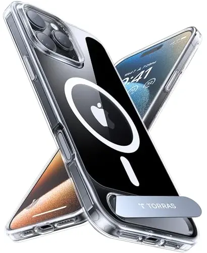 TORRAS iPhone 16 Pro uchun kuchli magnitli va choksiz stend g‘ilofi shaffof, MagSafe uchun mos, hech qachon sarg‘aymaydi, harbiy sinovdan 4 karra o‘tgan zarbaga chidamli telefon g‘ilofi, iPhone 16 Pro 6.3