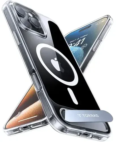 TORRAS iPhone 16 Pro uchun kuchli magnitli va choksiz stend g‘ilofi shaffof, MagSafe uchun mos, hech qachon sarg‘aymaydi, harbiy sinovdan 4 karra o‘tgan zarbaga chidamli telefon g‘ilofi, iPhone 16 Pro 6.3
