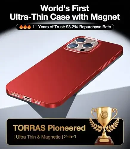 TORRAS iPhone 16 Pro uchun Magnetic Slim Fit gʻilofi 6,3 dyuym, MagSafe bilan mos keladigan ultra yupqa 16 Pro gʻilofi, yengil mato, tirnalishga qarshi qattiq kompyuter qopqogʻi iPhone 16 Pro OriginFit uchun, qizil - 2