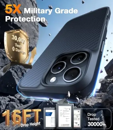TORRAS iPhone 16 Pro uchun yangilangan g‘ilof Aramid tolali orqa/qora qirrali | MagSafe bilan mos, harbiy darajadagi tushishdan himoya, kuchliroq magnit, zarbga chidamli xavfsizlik yostig‘i, rangli tugma, ingichka tirnalishga qarshi - 5