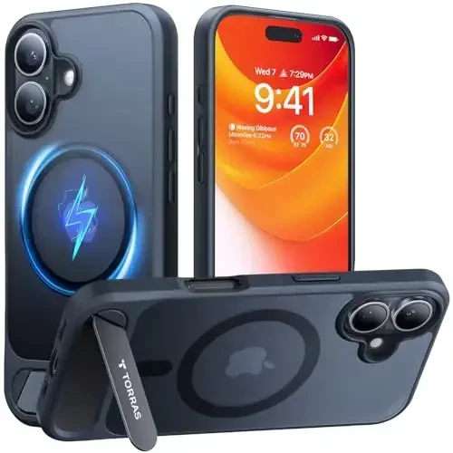 TORRAS iPhone 16 uchun g'ilof Kuchli magnit va uzluksiz stend, MagSafe uchun mos, harbiy darajadagi tushishdan himoya, sozlanishi mumkin bo'lgan tirgakli telefon g'ilofi iPhone 16 uchun, nozik tirnalishga qarshi muzli mat qora - TORRAS (1)