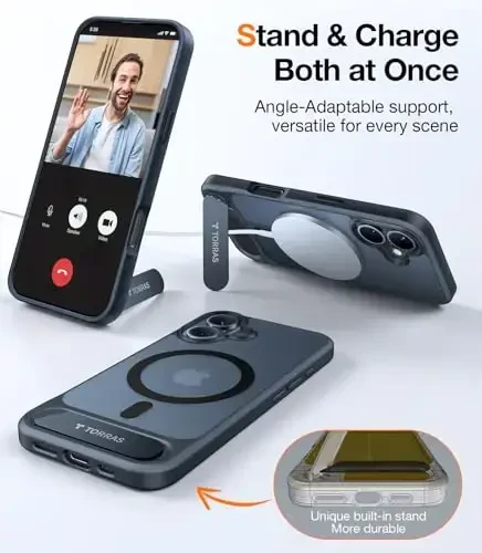 TORRAS iPhone 16 uchun g'ilof Kuchli magnit va uzluksiz stend, MagSafe uchun mos, harbiy darajadagi tushishdan himoya, sozlanishi mumkin bo'lgan tirgakli telefon g'ilofi iPhone 16 uchun, nozik tirnalishga qarshi muzli mat qora - 3