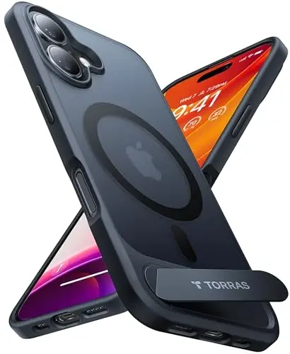 TORRAS iPhone 16 uchun g'ilof Kuchli magnit va uzluksiz stend, MagSafe uchun mos, harbiy darajadagi tushishdan himoya, sozlanishi mumkin bo'lgan tirgakli telefon g'ilofi iPhone 16 uchun, nozik tirnalishga qarshi muzli mat qora - 1