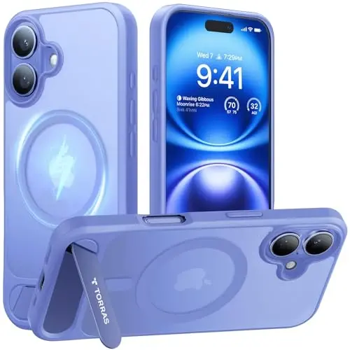 TORRAS iPhone 16 uchun g'ilof Yarim shaffof Moviy | Kuchli Magnit va choksiz stend, MagSafe uchun mos, Harbiy darajadagi tushishdan himoya, Mustahkam sozlanishi o'rnatilgan tirgak, Yupqa mat qoplama 