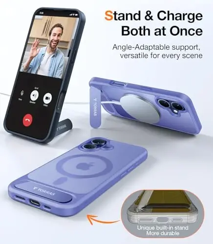 TORRAS iPhone 16 uchun g'ilof Yarim shaffof Moviy | Kuchli Magnit va choksiz stend, MagSafe uchun mos, Harbiy darajadagi tushishdan himoya, Mustahkam sozlanishi o'rnatilgan tirgak, Yupqa mat qoplama - 3