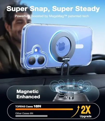 TORRAS iPhone 16 uchun kuchli magnit zarba o'tkazmaydigan g'ilof, MagSafe uchun mos, hech qachon sarg'aymaydi, 4X harbiy darajadagi tushishdan himoya, iPhone 16 6.1 dyuym uchun himoya qattiq orqa plastik yupqa telefon g'ilofi, shaffof - 3