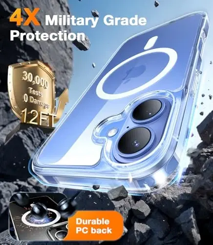 TORRAS iPhone 16 uchun kuchli magnit zarba o'tkazmaydigan g'ilof, MagSafe uchun mos, hech qachon sarg'aymaydi, 4X harbiy darajadagi tushishdan himoya, iPhone 16 6.1 dyuym uchun himoya qattiq orqa plastik yupqa telefon g'ilofi, shaffof - 4