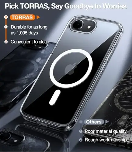 TORRAS Magnetic Shockproof for iPhone 16e Case 2025, [Never Yellow] [4X Military Grade Durable Protection] [Fit for MagSafe] Slim Translucent Anti-Scratch Case for iPhone16e, 6.1