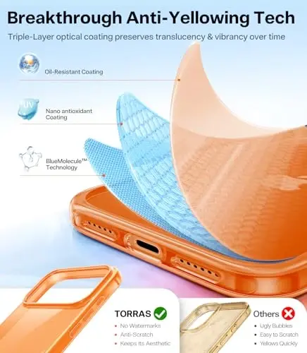 TORRAS iPhone 17 Pro G‘ilofka Crystal Orange, O‘ta yupqa, 2025-yil Yangilangan Sarg‘aymaydigan, Harbiy Darajadagi Himoya, iPhone 17 Pro Telefon G‘ilofchasi uchun Yupqa G‘ilof, Yumshoq, Tirnalishga qarshi, To‘q sariq - 3
