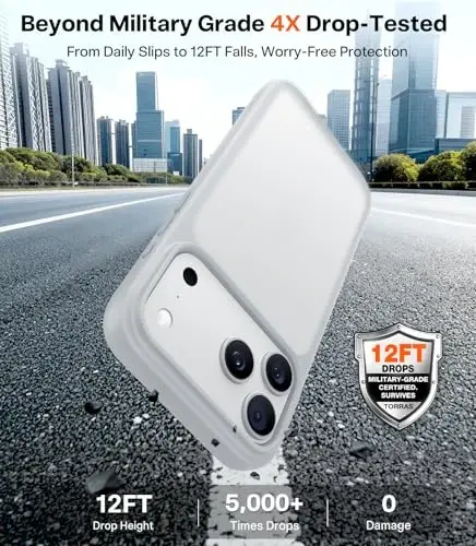 TORRAS iPhone 17 Pro g‘ilofli, Harbiy darajadagi himoyadan tashqari, Kamera boshqaruvi tugmasi, DIY tugmalari, Yarim shaffof mat yupqa zarbaga chidamli qattiq orqa tirnalishga qarshi iPhone 17 Pro uchun g‘ilof, Kumush Oq - 2