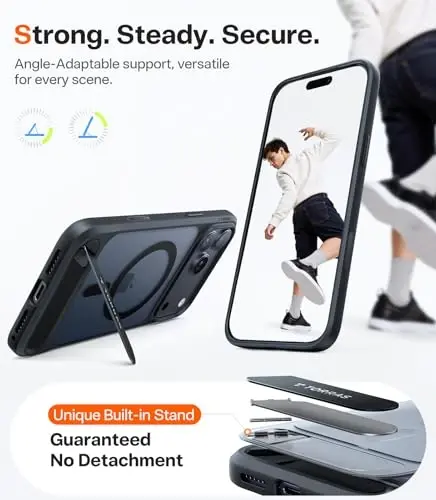 TORRAS Strong Magnetic & Seamless Stand for iPhone 17 Pro Case, Fit for MagSafe, Militray Grade Protection, Built-in Kickstand, Camera Control, Translucent Shockproof Slim 17 Pro Cover Ostand, Black - 3
