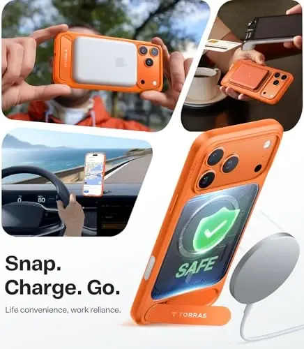 TORRAS Strong Magnetic & Seamless Stand for iPhone 17 Pro Case, Fit for MagSafe, Militray Grade Protection, Built-in Kickstand, Camera Control, Translucent Slim 17 Pro Cover Ostand, Neon Orange - 1