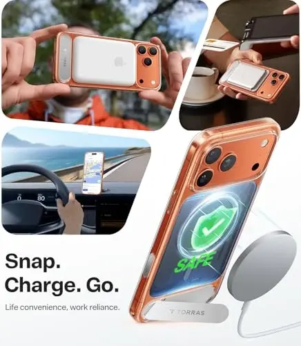 TORRAS Strong Magnetic & Seamless Stand for iPhone 17 Pro Case, Fit for MagSafe, Militray Grade Protection, Camera Control, Built-in Kickstand Slim Case for iPhone 17 Pro Cover, Anti-Yellowing Clear - 2