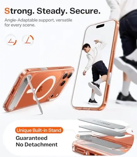 TORRAS Strong Magnetic & Seamless Stand for iPhone 17 Pro Case, Fit for MagSafe, Militray Grade Protection, Camera Control, Built-in Kickstand Slim Case for iPhone 17 Pro Cover, Anti-Yellowing Clear - 3