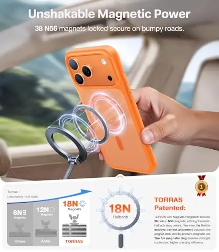 TORRAS Magnetic Shockproof for iPhone 17 Pro Case, Compatible with MagSafe, Military-Grade Drop Protection, Camera Control, DIY Button, Slim Translucent Phone Case for iPhone 17 Pro, Orange - 10