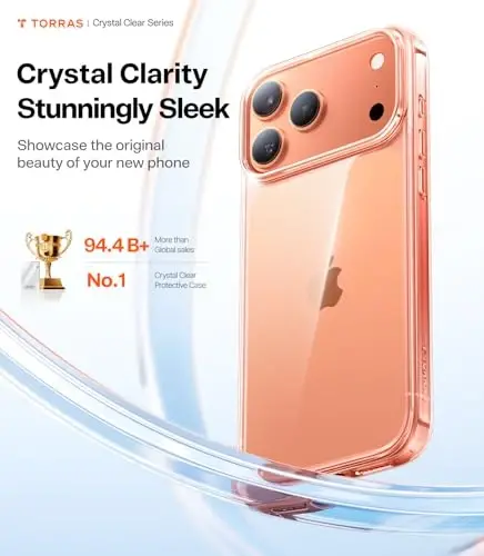 TORRAS iPhone 17 Pro Max uchun g‘ilof, Crystal Clear, [Sarg‘ayishga qarshi][Harbiy darajadagi himoya], Ultra yupqa shaffof tirnalishga qarshi orqa qism, Yumshoq bamper, Sirpanmaydigan 17 Pro Max telefon g‘ilofi, Shaffof 6.9