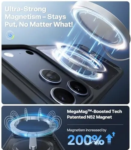TORRAS iPhone 17 Pro Max uchun kuchli magnit va choksiz stend, MagSafe uchun mos, harbiy darajadagi tushishdan himoya, iPhone 17 Pro Max uchun qulay sozlanishi tirgakli ingichka yarim shaffof qora g'ilof 