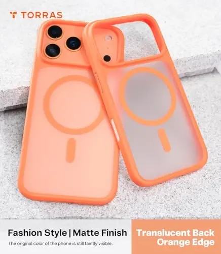 TORRAS iPhone 17 Pro Max uchun kuchli magnit va zarbga chidamli gʻilof, MagSafe uchun mos, harbiy darajadagi tushishdan himoya, kamera boshqaruvi, DIY tugma, iPhone 17 Pro Max uchun ingichka yarim shaffof kosmik apelsin gʻilofi - 6