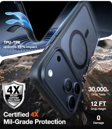 TORRAS iPhone 17 Pro Max uchun kuchli magnit va zarbga chidamli g'ilof, MagSafe uchun mos, harbiy darajadagi tushishdan himoya, kamera boshqaruvi, DIY tugmasi, iPhone 17 Pro Max uchun ingichka yarim shaffof mat qora g'ilof - 4