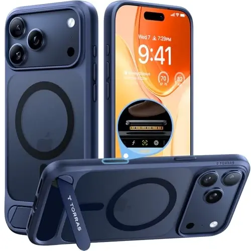 TORRAS iPhone 17 Pro Max uchun kuchli magnitli va choksiz g'ilof-stend, MagSafe uchun mos, harbiy darajadagi zarbadan himoya, sozlanishi mumkin bo'lgan tirgakli ingichka iPhone 17 Pro Max uchun shaffof matli to'q ko'k g'ilof 