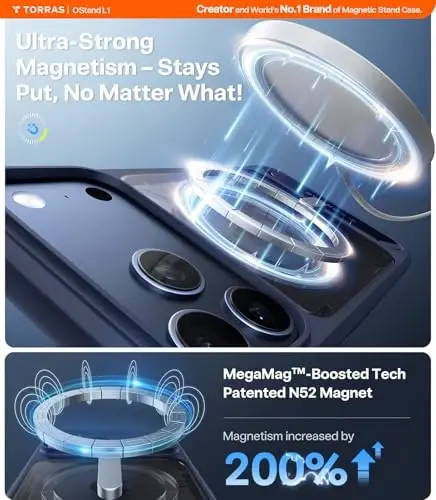TORRAS iPhone 17 Pro Max uchun kuchli magnitli va choksiz g'ilof-stend, MagSafe uchun mos, harbiy darajadagi zarbadan himoya, sozlanishi mumkin bo'lgan tirgakli ingichka iPhone 17 Pro Max uchun shaffof matli to'q ko'k g'ilof - 2