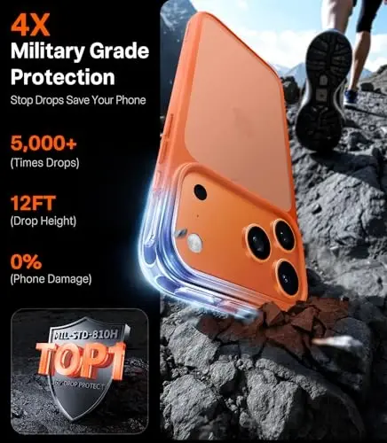TORRAS iPhone 17 Pro uchun g'ilof, harbiy darajadan yuqori himoya, kamera boshqaruv tugmasi, DIY tugmalar, shaffof matli ingichka zarbga chidamli qattiq orqa iPhone 17 Pro uchun tirnalishga qarshi g'ilof, kosmik apelsin - 2