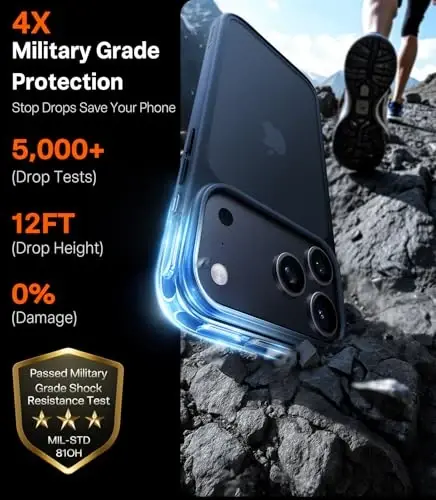 TORRAS iPhone 17 Pro uchun g'ilof, harbiy darajadan yuqori himoya, kamera boshqaruv tugmasi, DIY tugmalar, shaffof mato ingichka zarbga chidamli qattiq orqa qismi iPhone 17 Pro uchun, to'q ko'k - 2