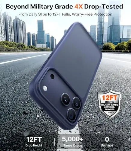 TORRAS iPhone 17 Pro uchun g'ilof, harbiy darajadan yuqori himoya, kamera boshqaruv tugmasi, DIY tugmalar, shaffof mato ingichka zarbga chidamli qattiq orqa qismi iPhone 17 Pro uchun, to'q ko'k - 1