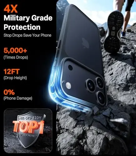 TORRAS iPhone 17 Pro uchun g'ilof, harbiy darajadan yuqori himoya, kamera boshqaruv tugmasi, DIY tugmalar, shaffof mato ingichka zarbga chidamli qattiq orqa tirnalishga qarshi telefon g'ilofi iPhone 17 Pro uchun, qora - 2