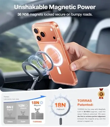 TORRAS iPhone 17 Pro uchun kuchli magnit zarba o‘tkazmaydigan g‘ilof, MagSafe bilan mos, harbiy darajadagi tushishdan himoya, kamera boshqaruvi, DIY tugmasi, iPhone 17 Pro uchun yupqa shaffof telefon g‘ilofi, shaffof - 1
