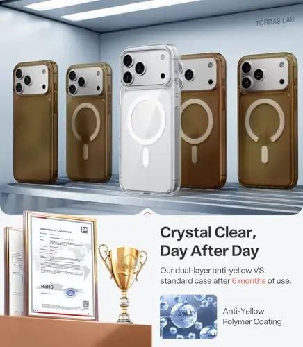 TORRAS iPhone 17 Pro uchun kuchli magnit zarba o‘tkazmaydigan g‘ilof, MagSafe bilan mos, harbiy darajadagi tushishdan himoya, kamera boshqaruvi, DIY tugmasi, iPhone 17 Pro uchun yupqa shaffof telefon g‘ilofi, shaffof - 3