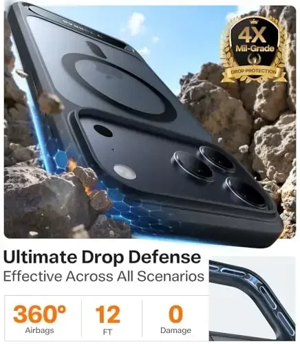 TORRAS iPhone 17 Pro uchun kuchli magnitli va choksiz stend g‘ilofi, MagSafe uchun mos, harbiy darajadagi himoya, o‘rnatilgan tirgak, kamera boshqaruvi, shaffof zarbaga chidamli ingichka 17 Pro Ostand qopqog‘i, qora - 4