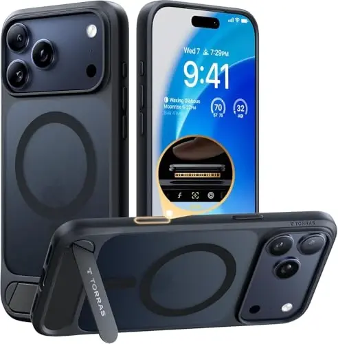 TORRAS iPhone 17 Pro uchun kuchli magnitli va choksiz stend g‘ilofi, MagSafe uchun mos, harbiy darajadagi himoya, o‘rnatilgan tirgak, kamera boshqaruvi, shaffof zarbaga chidamli ingichka 17 Pro Ostand qopqog‘i, qora 