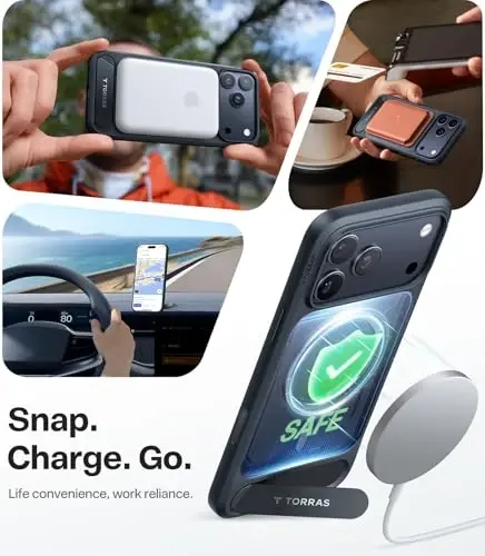 TORRAS iPhone 17 Pro uchun kuchli magnitli va choksiz stend g‘ilofi, MagSafe uchun mos, harbiy darajadagi himoya, o‘rnatilgan tirgak, kamera boshqaruvi, shaffof zarbaga chidamli ingichka 17 Pro Ostand qopqog‘i, qora - 2