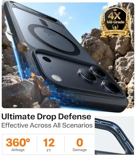 TORRAS iPhone 17 Pro uchun kuchli magnitli va choksiz stend g‘ilofi, MagSafe uchun mos, harbiy darajadagi himoya, o‘rnatilgan tirgak, kamera boshqaruvi, shaffof zarbaga chidamli ingichka 17 Pro Ostand qopqog‘i, qora - 4