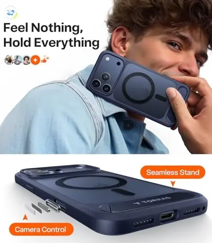 TORRAS iPhone 17 Pro uchun kuchli magnitli va choksiz stend gʻilofi, MagSafe uchun mos, harbiy darajadagi himoya, oʻrnatilgan tirgak, kamera boshqaruvi, shaffof zarbga chidamli ingichka 17 Pro gʻilofi Ostand, toʻq koʻk - 2